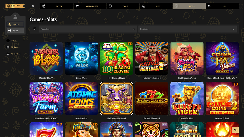 An online casino slots lobby page showing a grid of game tiles under a 'Games - Slots' heading with a dark patterned background.