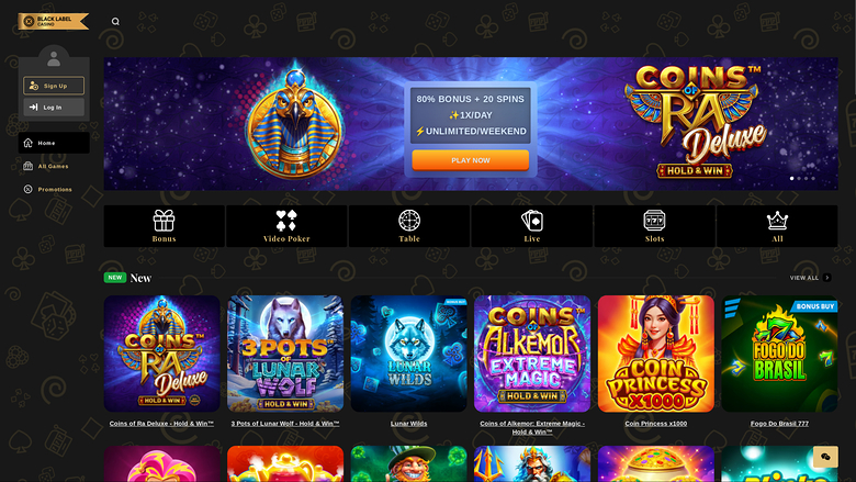 An online casino lobby screen shows a promotional banner for Coins of Ra Deluxe above category icons and a row of game tiles.