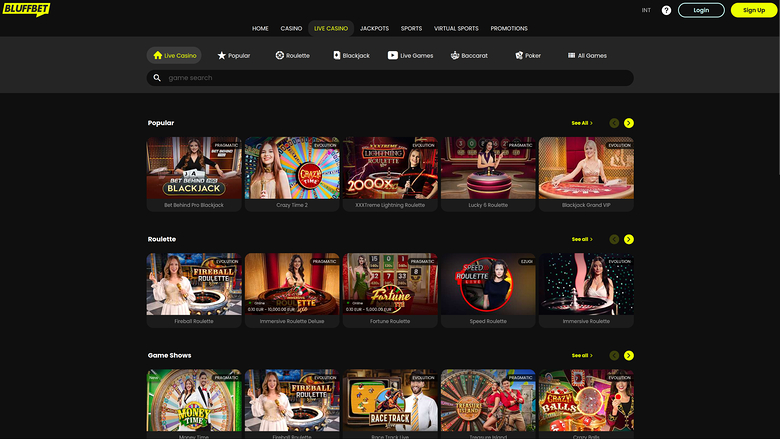 BluffBet Casino — Live dealer lobby