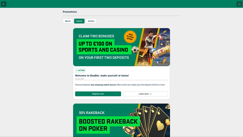 BoaBet Casino — Promotions page