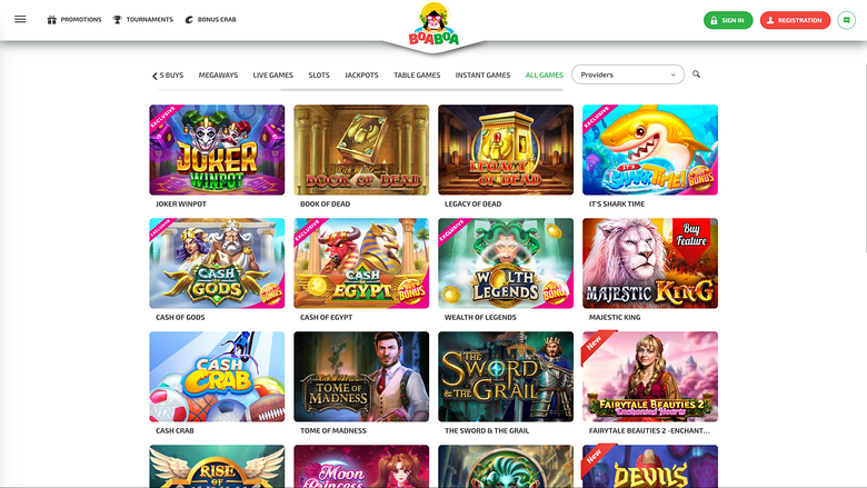 A casino lobby screen showing a grid of game tiles under a category menu and a top header with sign-in and registration buttons.