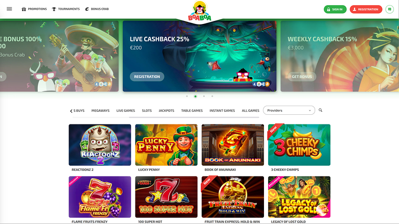 A casino lobby page shows a promotional carousel above a grid of game tiles with category tabs and a providers dropdown.