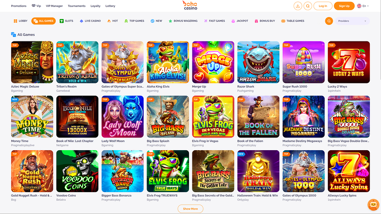 A casino lobby screen showing a grid of game tiles under category tabs, with a top promotions bar and login/register buttons.