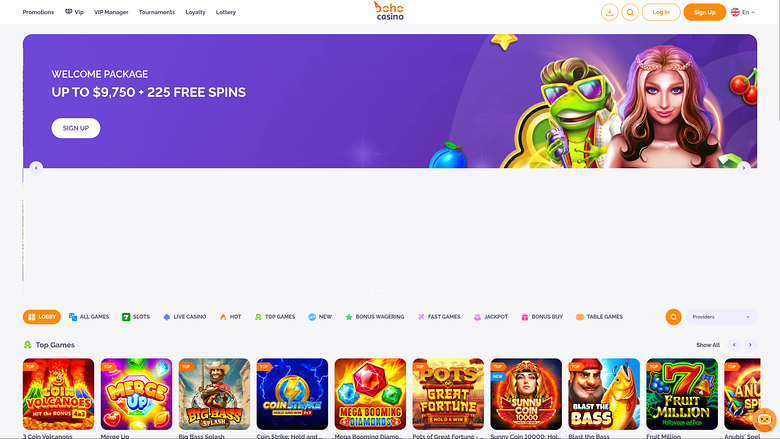{"summary":"A Bchoo Casino homepage showing a welcome package banner and a Top Games row of slot tiles.","colours":"Purple hero and header with orange accents a