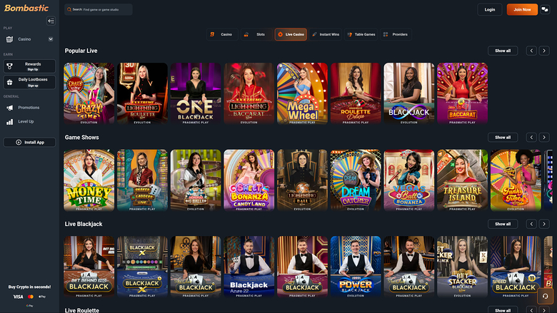 Bombastic Casino — Live dealer lobby