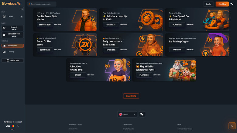 Bombastic Casino — Promotions page