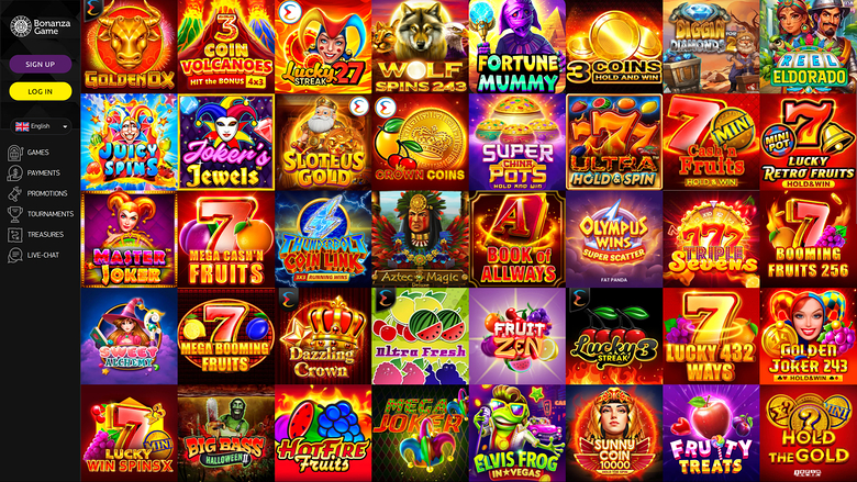A Bonanza Game casino lobby screen showing a grid of game tiles with a left sidebar menu and top sign-up and login buttons.