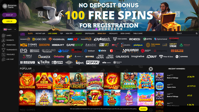 A Bonanza Game online casino lobby screen shows a '100 Free Spins' no deposit bonus hero banner above a provider logo grid, a Popular game tile section and a Re