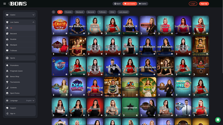 Bons Casino — Live dealer lobby