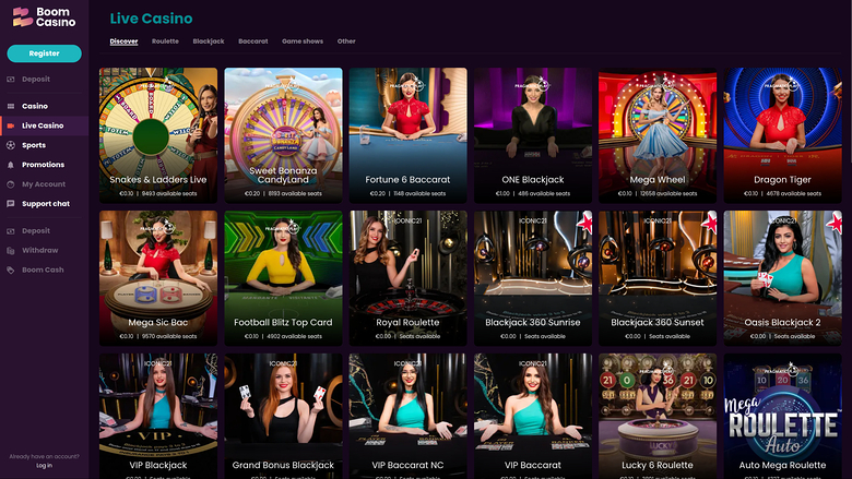 Boom Casino — Live dealer lobby