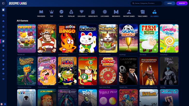 An online casino lobby page titled BOOMERANG shows a grid of game tiles under an All Games tab.