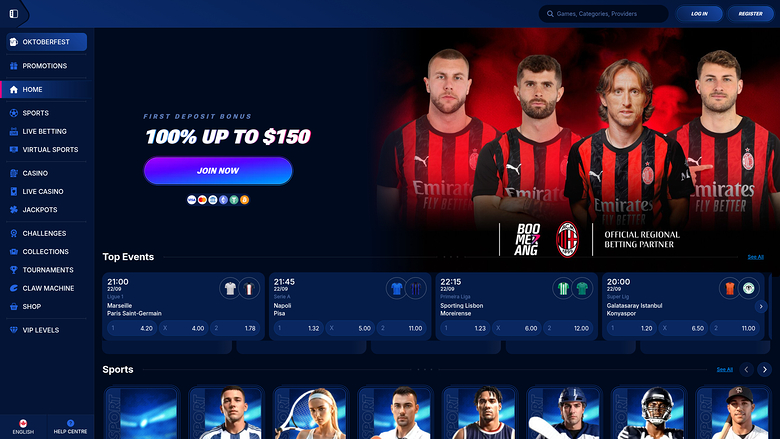 A sportsbook and casino homepage showing a first deposit bonus hero banner, a left sidebar menu, top events betting odds and a sports carousel.