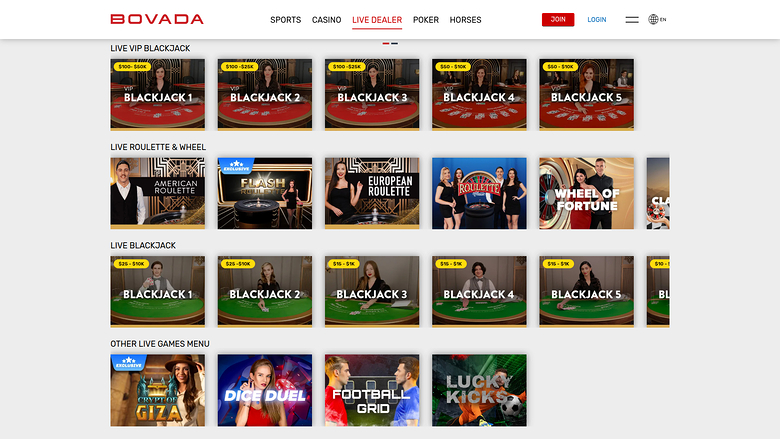 Bovada Casino — Live dealer lobby
