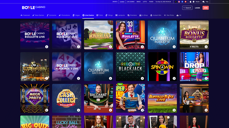 BoyleSports Casino — Live dealer lobby