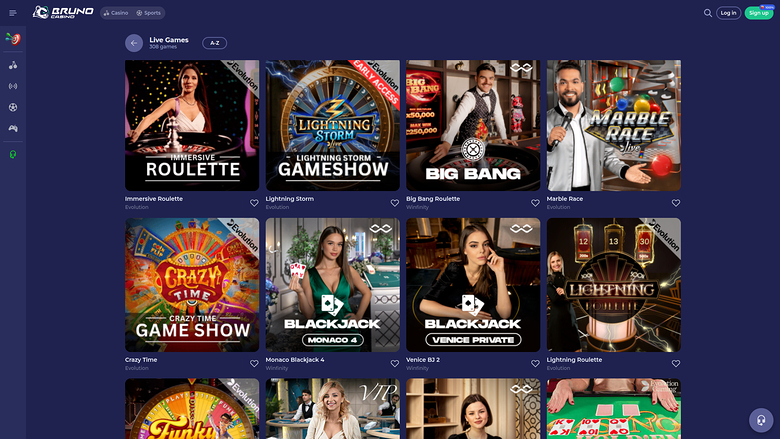Bruno Casino — Live dealer lobby