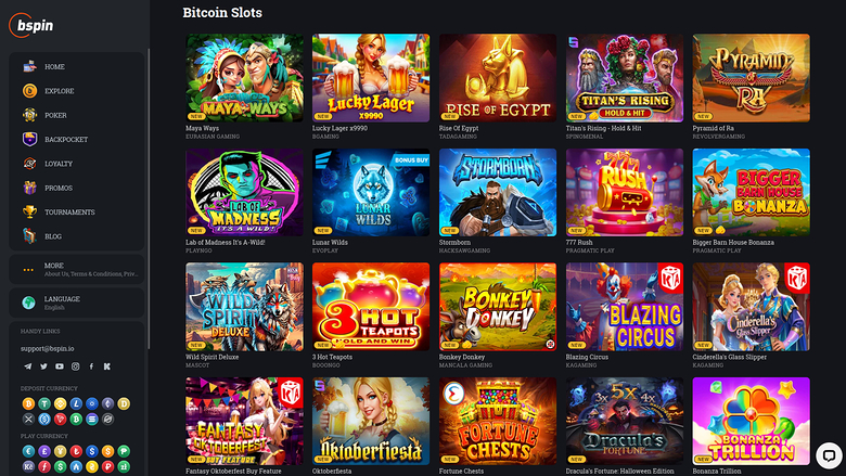A casino website screen showing a 'Bitcoin Slots' game lobby with a left sidebar menu and a grid of slot game tiles.