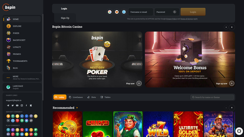 A dark-themed online casino homepage with a left sidebar menu, a login and sign-up panel, two promotional banners, and a row of recommended game tiles.