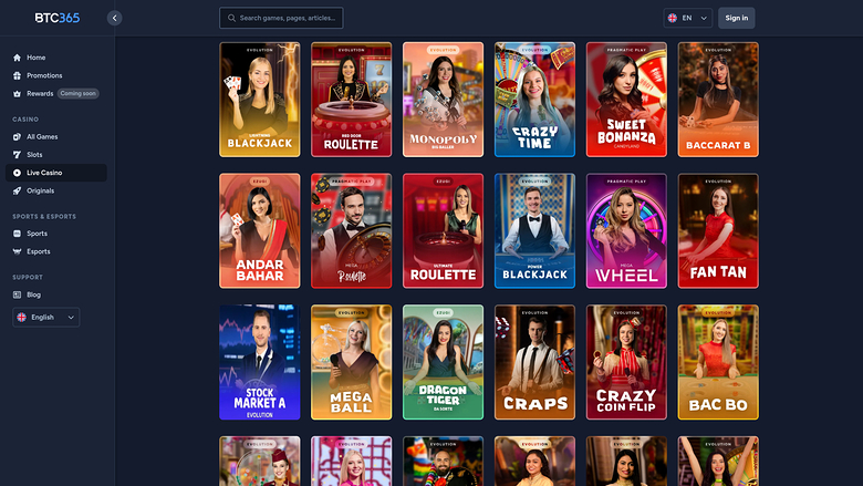 BTC365 Casino — Live dealer lobby