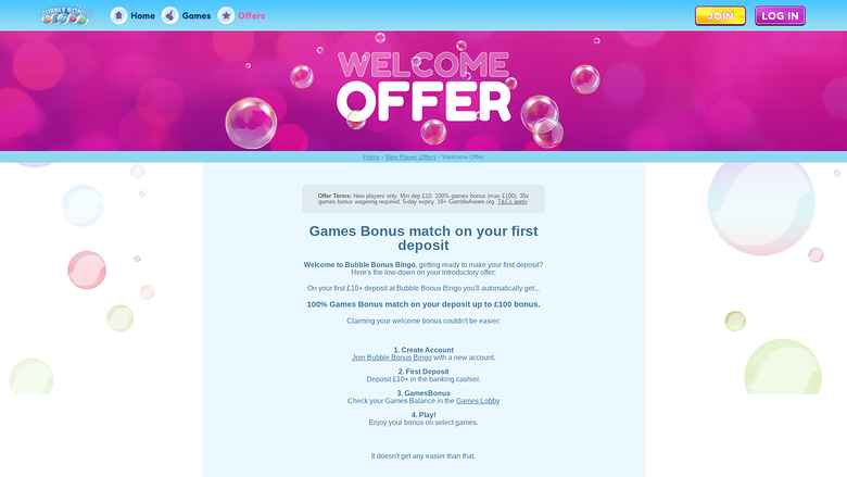 Bubble Bonus Bingo — Promotions page