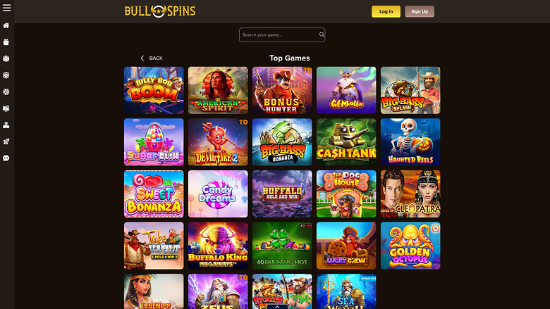 A casino lobby screen showing a grid of game tiles under a 'Top Games' heading with a search bar and login buttons.
