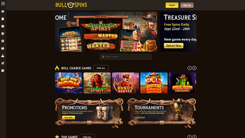 A casino lobby screen for Bull Spins showing a promotional hero banner, a game search bar, a row of game tiles and promotion and tournament panels.