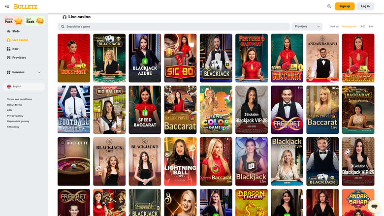 Bulletz Casino — Live dealer lobby
