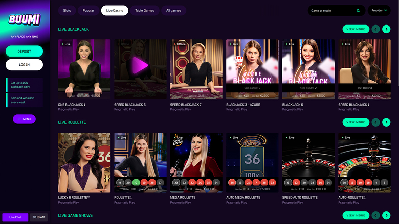 Buumi Casino — Live dealer lobby