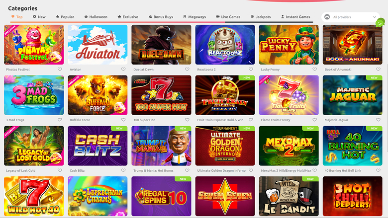 An online casino lobby screen showing a grid of game tiles under a 'Categories' heading with filter tabs and a provider dropdown.