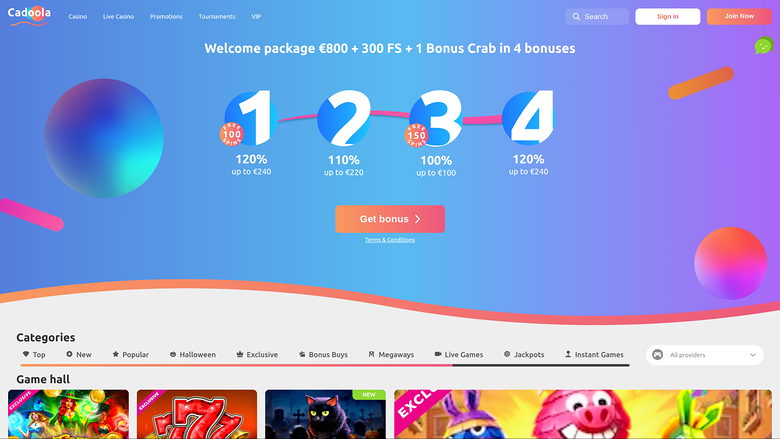 Casino homepage showing a four-step welcome package banner above a categories bar and a row of game tiles.