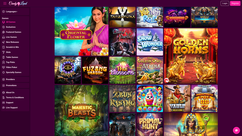 An online casino lobby screen showing a grid of game tiles with a left sidebar menu and a top bar containing Login and Register buttons.