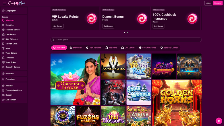 An online casino lobby screen for Candy Land showing a left sidebar menu, three promotional banners and a grid of game tiles.