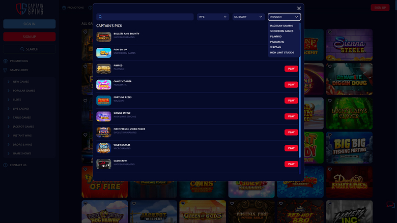 Captain Spins Casino — Games by studio