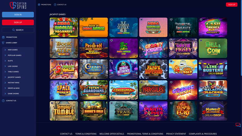 Captain Spins Casino — Jackpot games