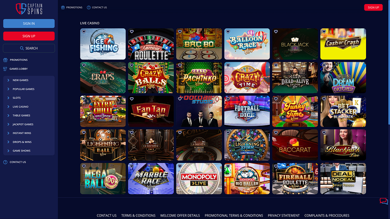 Captain Spins Casino — Live dealer lobby