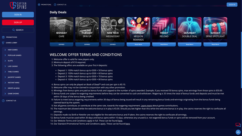 Captain Spins Casino — Promotions page