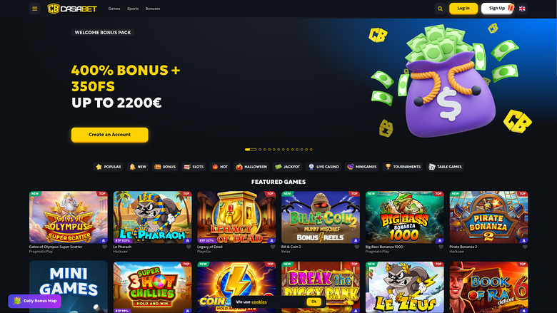 A casino homepage shows a welcome bonus hero banner above a featured games grid and category tabs.