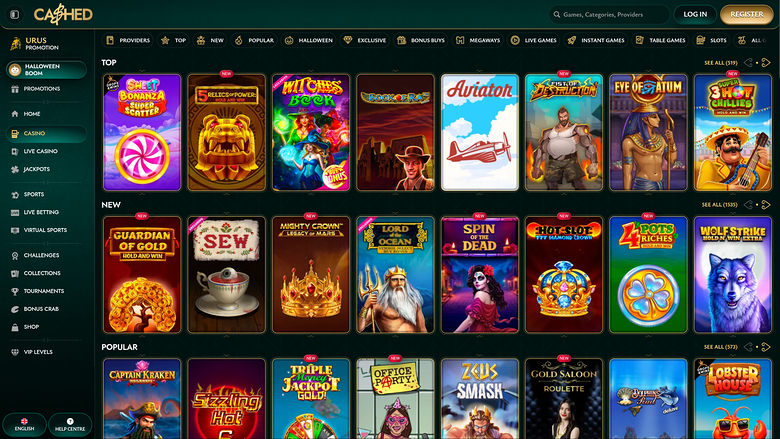 A casino lobby screen showing rows of game tiles under TOP, NEW and POPULAR headings with a left sidebar menu and top navigation bar.