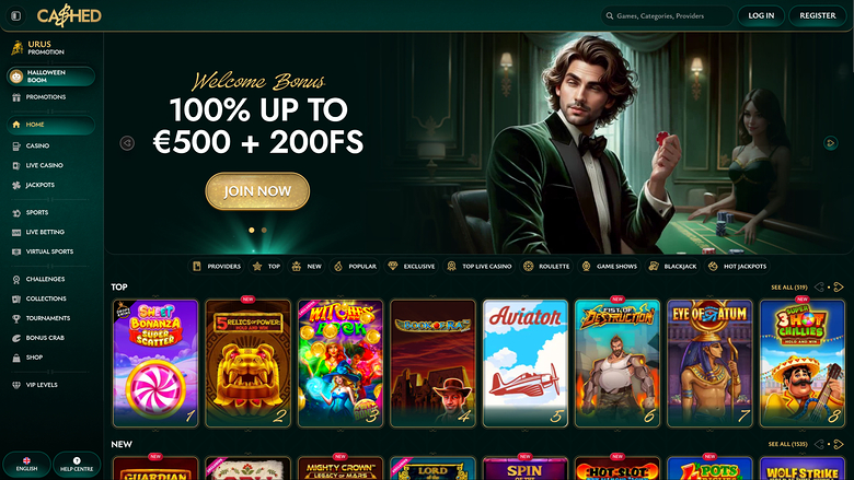An online casino lobby screen showing a welcome bonus hero banner, a left sidebar menu, and rows of game tiles under Top and New sections.