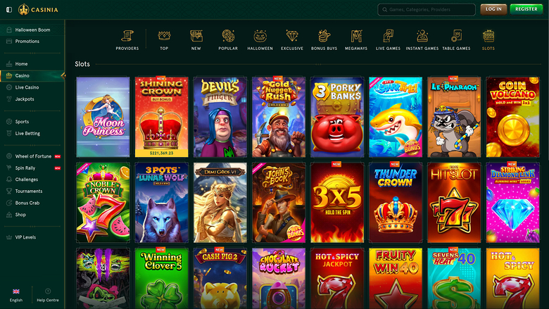 An online casino lobby displaying a grid of slot game tiles under a 'Slots' heading, with a left sidebar menu and top navigation bar.