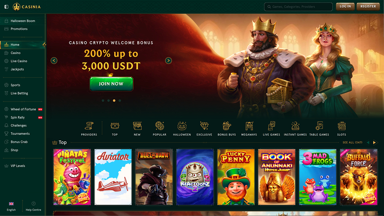 A casino lobby homepage showing a crypto welcome bonus hero banner above a row of game thumbnails and a left sidebar menu.