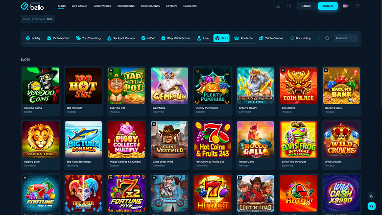 A slots lobby page on the Bello casino site showing a grid of game tiles under a top menu and category filter bar.