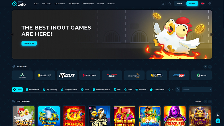 A dark-themed online casino lobby for 'bello' showing a hero banner for InOut games, a provider strip, category tabs and a row of game tiles.