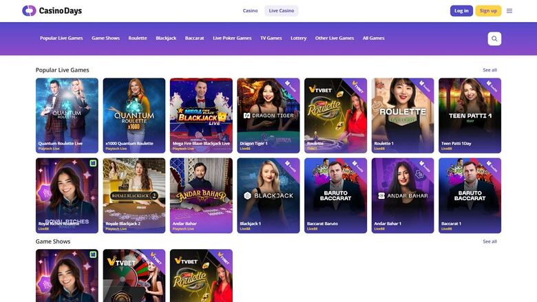 Casino Days — Live dealer lobby