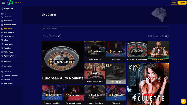 Casino Fiz — Live dealer lobby