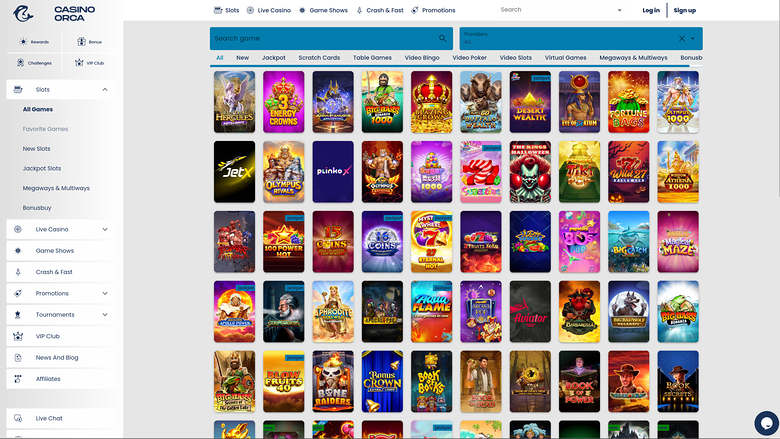 An online casino lobby page showing a grid of game tiles with a left sidebar menu and a top navigation bar.