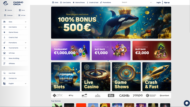 A Casino Orca homepage showing a whale-themed bonus hero banner, three promotional tiles, four category tiles and a Top Games row.