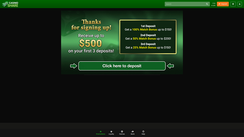 Casino Share — Promotions page