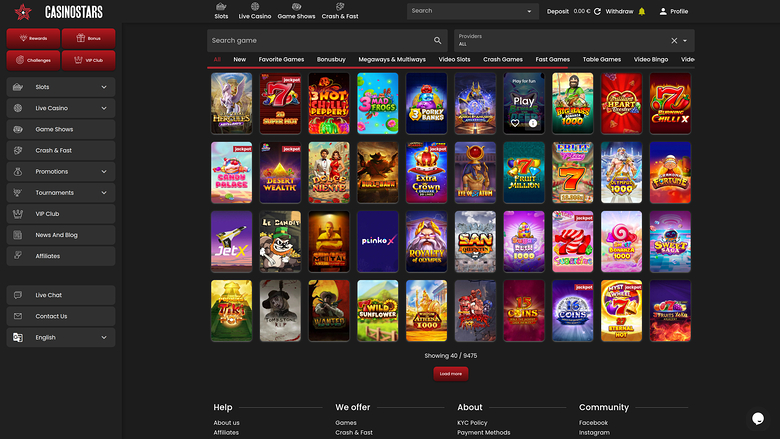 A casino lobby screen showing a grid of game tiles with a left sidebar menu and a top navigation bar.