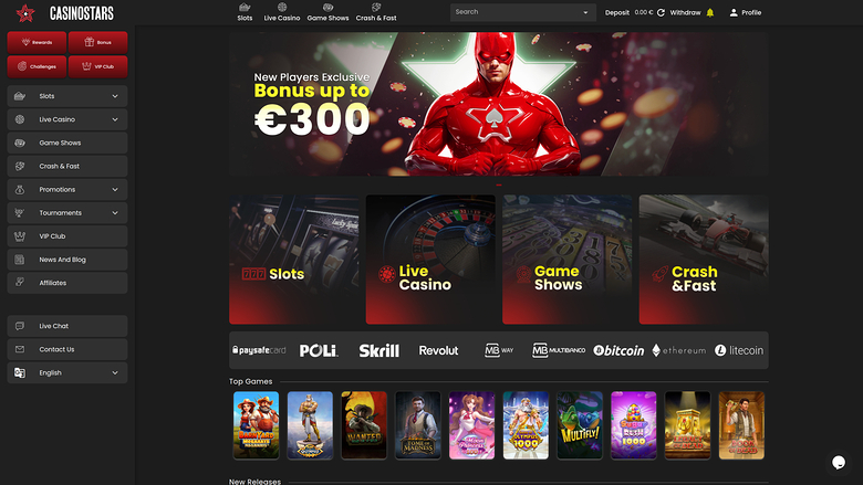 A CasinoStars online casino homepage showing a superhero bonus hero banner, category tiles, payment logos and a Top Games row.