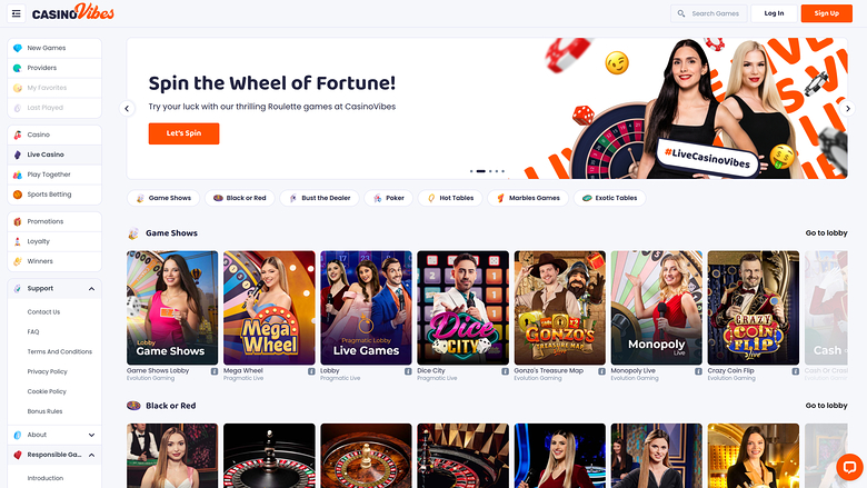 Casino Vibes — Live dealer lobby